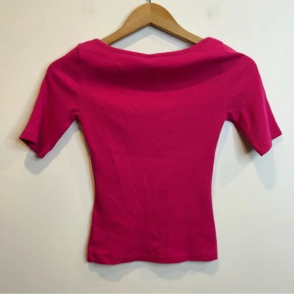 H&M Ribbed Stretch Short Sleeve Tee Hot Pink - Picture 6 of 6